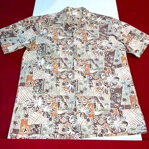 Retro Hawaiian Shirt Tan Brown Olive PALM TREES Fish Flowers Cotton Polyester M